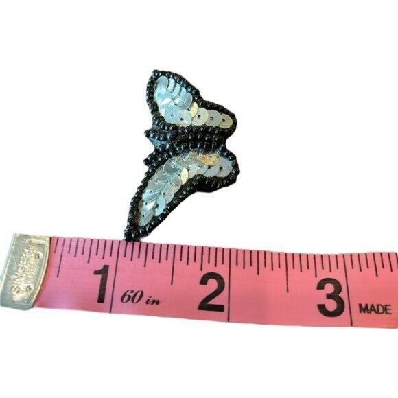 Butterfly Sequin Beaded Brooch Pin - Handmade Black & Silver - Picture 4 of 5